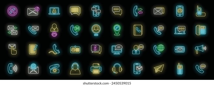 Contact us icons set outline vector. Button call. Center phone neon color on black