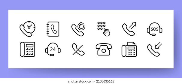 Kontaktieren Sie uns Icons Set. Warteschleifen, SOS-Anruf, Wählen und Telefonbuch-Symbole. Kommunikationskonzept. Vektor EPS10.