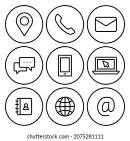 Kontaktieren Sie uns Icons Set. Einfaches Umrisssymbol. E-Mail, Telefon, Web, Adresse, Internet, Anruf, Nachricht, Geschäftskommunikation Konzept. Vektorgrafik-Design einzeln auf weißem Hintergrund. EPS10
