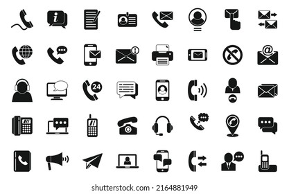 Contáctenos iconos establecer un vector simple. Llamada de botón. Teléfono central