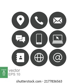Contact us icons set. Simple solid style symbol. Email, phone, mail, web, address, internet, call, online, pictogram, message, business communication concept Vector illustration design isolated EPS 10