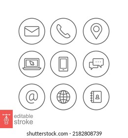 Contact us icons set. Simple outline style symbol. Email, phone, web, address, internet, call, message, business communication concept. Vector illustration design isolated. Editable stroke EPS 10