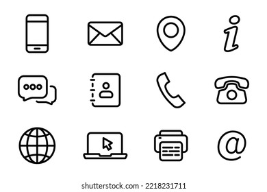 Contact us icons. Set of simple icons business card contact information. Communication icons set for web and mobile app. Contact Us icons of simple line style. Vector illustration