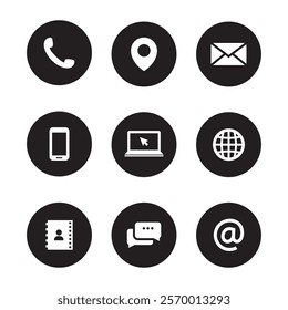 Contact us icons set. Simple solid style symbol. Email, phone, mail, web, address, internet, call, online, pictogram, message, business communication concept Vector illustration design isolated EPS 10