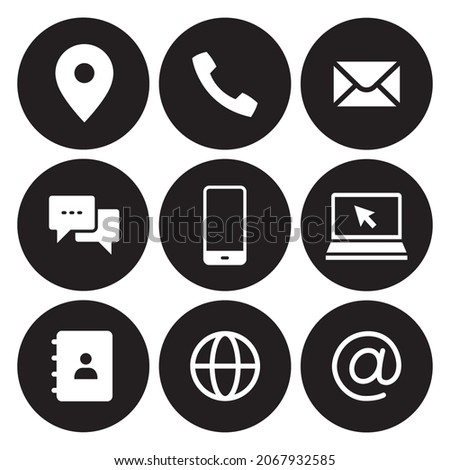 Contact us icons set. Simple solid style symbol. Email, phone, mail, web, address, internet, call, online, pictogram, message, business communication concept Vector illustration design isolated EPS 10