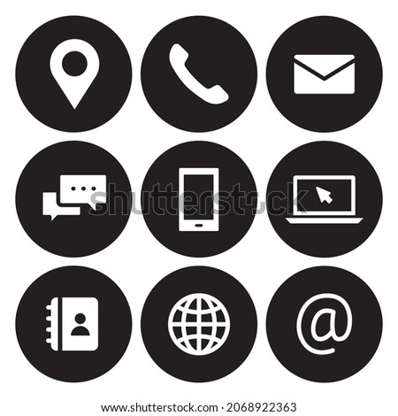 Contact us icons set. Simple solid style symbol. Email, phone, mail, web, address, internet, call, online, pictogram, message, business communication concept Vector illustration design isolated EPS 10