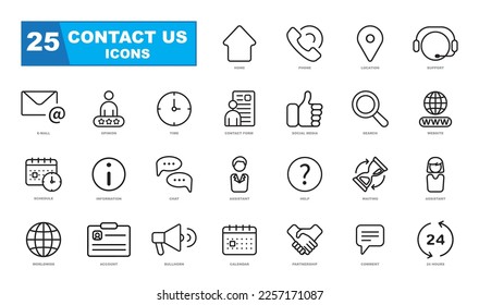 Contáctenos con el conjunto de iconos. Iconos de líneas delgadas para la aplicación web y móvil.
