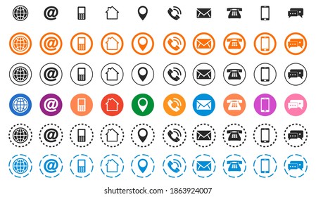 Kontaktieren Sie uns Icons Set. Vektorgrafik. Symbole sozialer Netzwerke in flachem Design. Kommunikationssymbole einzeln. Smartphone, Handy, Standortbuchse, Globus, Post.