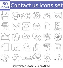  Contacte-nos ícones definir. Coleção de ícones de linha da Web ajuda relacionada, atendimento ao cliente, assistência. Traçado editável. 
