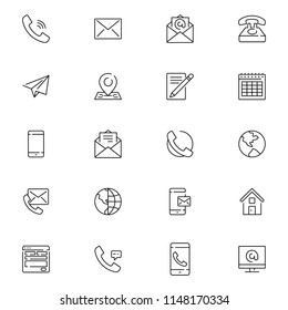 Contact us icons. Simple flat vector icons set on white background. Thin lines web icons set - Contact us. Editable stroke.