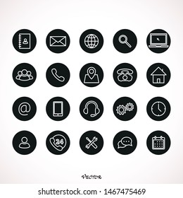 Contact us icons. Simple vector icons set on white background. Phone, smartphone, email, location, house, globe, address, chat.