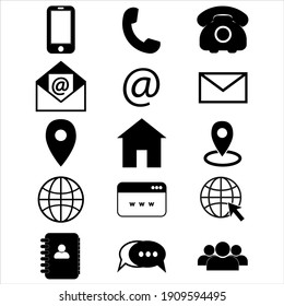 Contact us icons. Simple vector icons set on white background. Phone, smartphone, email, location, home, globe, address, chat.