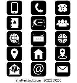 Contáctenos con los iconos. Iconos vectoriales simples establecidos en fondo blanco. Teléfono, smartphone, correo electrónico, ubicación, casa, globo, dirección, chat.