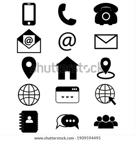 Contact us icons. Simple vector icons set on white background. Phone, smartphone, email, location, home, globe, address, chat.