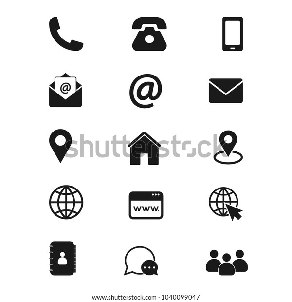 Contact us icons. Simple vector icons set on white\
background. Phone, smartphone, email, location, house, globe,\
address, chat.