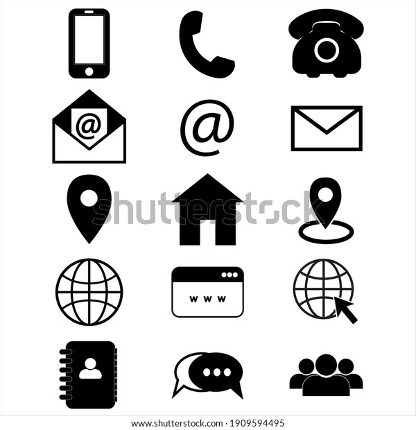 Contact us icons. Simple vector icons set on white\
background. Phone, smartphone, email, location, home, globe,\
address, chat.