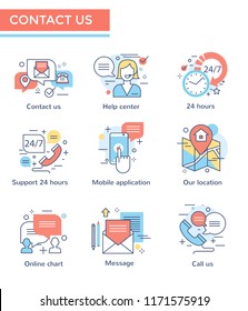 Contact us icons, thin line color set, flat design
