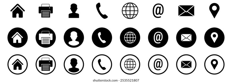 Contact us icons. Web icon set. Business card contact information icons. Vector illustration