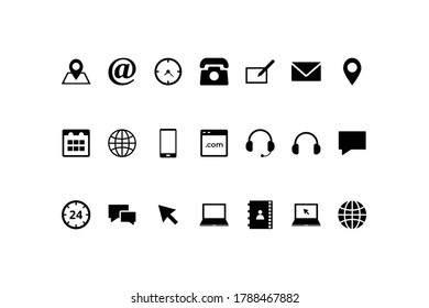 Contáctenos con los iconos. iconos web establecidos para aplicaciones informáticas, web y móviles. Teléfono, smartphone, correo electrónico. ubicación, casa, globo, dirección, chat. Iconos vectoriales simples establecidos en fondo blanco.