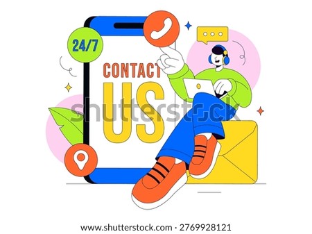 Contact Us Illustration Customer Support Featuring Twenty Four Seven Hours Service Hotline Email Communication And Online Help Desk Assistance Design