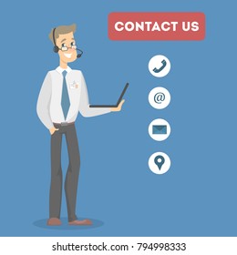 Contact us illustration. Man from support service center.