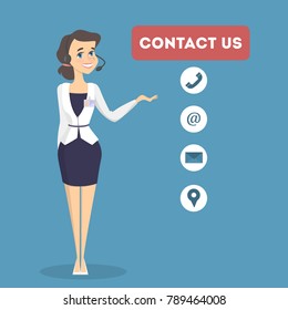 Contact us illustration. Woman from support service center.