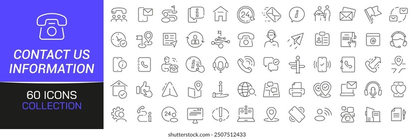 Contact us and information line icons collection. Thin outline icons pack. UI icon collection. Set of line web pictogram