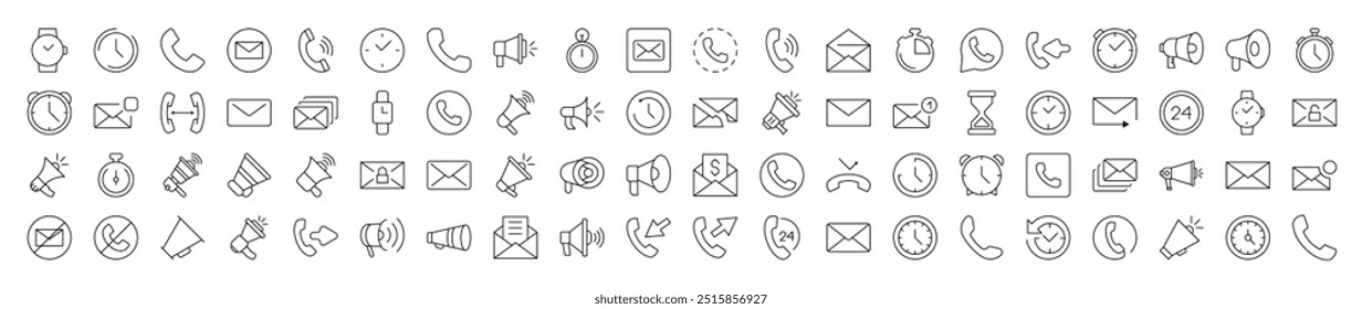 Contáctenos y paquete de iconos de línea de interfaz. Trazo Editable. Pictograma lineal minimalista para el diseño de tarjetas, App, Anuncios, publicaciones