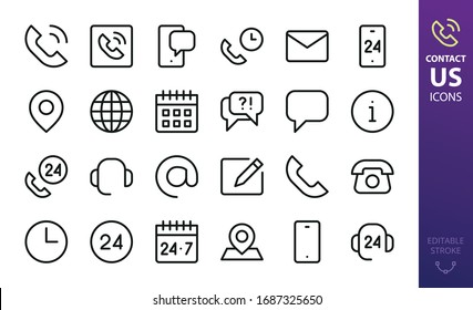 Contact Us Isolated Icons Set. Set Of Contact Calling Phone, Helpdesk Support, Mobile Phone Chat, At Sign, 24 Hours Working Time, Retro Telephone, Mail Outline Vector Icon For Website Interface