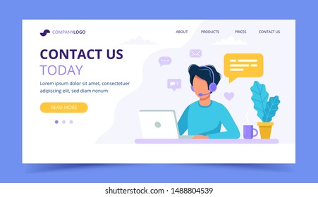 Contact us landing page. Man with headphones and microphone with computer. Concept illustration for support, assistance, call center. Vector illustration in flat style