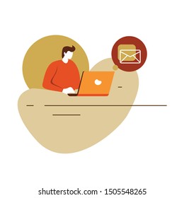 Contact us landing page. Man working on laptop. Concept illustration for support, assistance, call center. Vector illustration in flat style