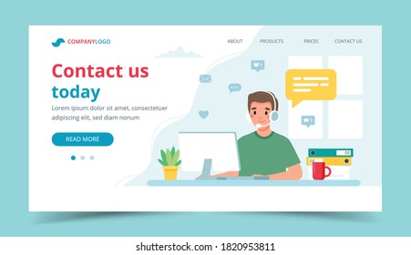 Contact us landing page. Man with headphones and microphone with computer. Concept illustration for support, assistance, call center.