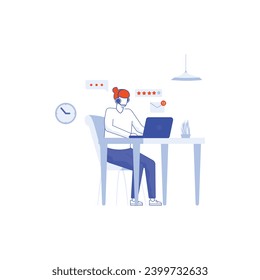 Contact us landing page. Man with headphones and microphone with computer. Concept illustration for support, assistance, call center, Business communication. Telephone symbol.