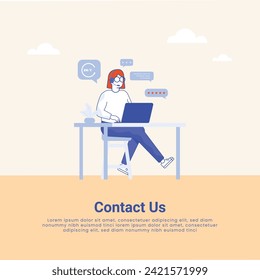 Contact us landing page. Man with headphones and microphone with computer. Concept illustration for support, assistance, call center, Business communication. Telephone symbol.