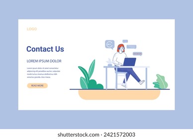 Contact us landing page. Man with headphones and microphone with computer. Concept illustration for support, assistance, call center, Business communication. Telephone symbol.