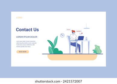 Kontaktieren Sie uns Landing Page. Mann mit Kopfhörer und Mikrofon mit Computer. Concept Illustration für Support, Support, Call Center, Geschäftskommunikation. Telefonsymbol.