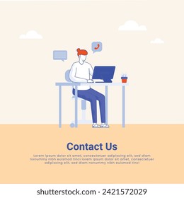 Contact us landing page. Man with headphones and microphone with computer. Concept illustration for support, assistance, call center, Business communication. Telephone symbol.