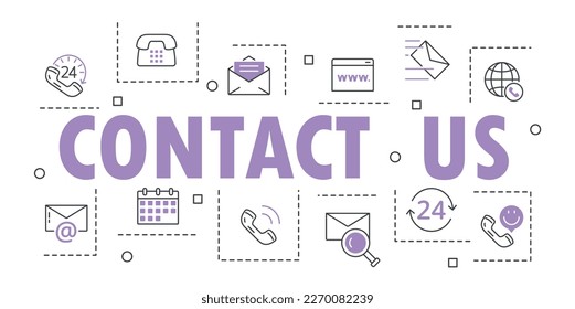 Contact us line banner. Collection of icons for website. Support service and hotline, call center for customers. Feedback and FAQ. Cartoon flat vector illustrations isolated on white background