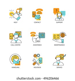 Contact us line concept set with help contact support assistance helpdesk handling and other descriptions vector illustration