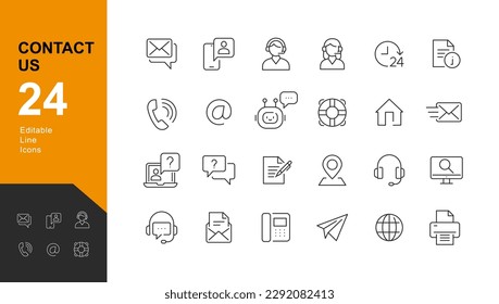 Contact Us Line Editable Icons set. Vector illustration in modern thin line style of communication icons: messages, calls, chat bot, help, correspondence. Pictograms and infographics for mobile apps