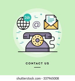 Contact Us, Line Flat Design Banner, Vector Illustration