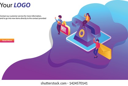 Contact us, line flat isometric design banner, vector illustration Stock Vector 