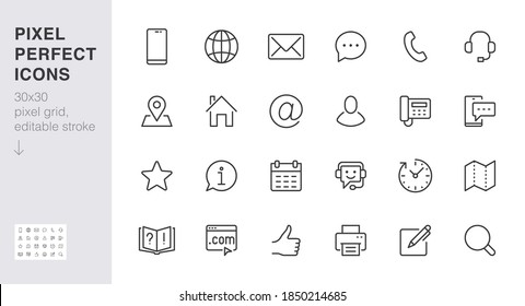 Contact us line icon set. Feedback, customer service, phone, email address, web site minimal vector illustration. Simple outline sign business card, landing page. 30x30 Pixel Perfect Editable Stroke.