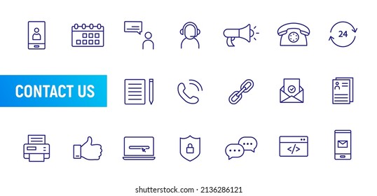 Contact us line icon set. Email thin outline icon address web mail flat calendar vector pictogram call contact us