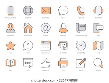 Contáctenos con el conjunto de iconos de línea. Comentarios, servicio al cliente, teléfono, dirección de correo electrónico, sitio web ilustración vectorial mínima. Tarjeta de presentación simple de señalización de esquema, página de inicio. Color naranja. Stroke Editable