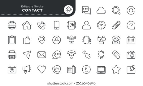 Contáctenos conjunto de iconos de línea. Chat, nombre, Dirección, correo electrónico, mensaje, teléfono y más. Icono de Vector de esquema en estilo lineal. Colección conceptual del pictograma.	

