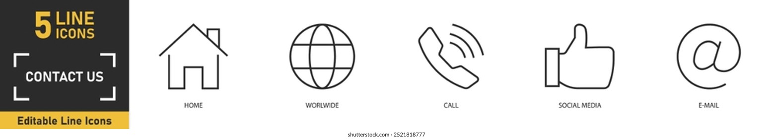 Conjunto de iconos de línea Contáctenos. Conjunto de 5 iconos de esquema relacionados con el hogar, en todo el mundo, llamada, redes sociales, correo electrónico y más. Ilustración vectorial.