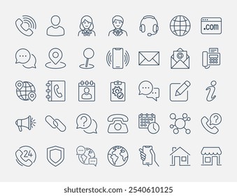 Contact us line icon set. Business card web landing page elements include feedback, customer service, phone, email address.