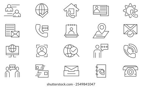 Contact US line icon set. whatsapp, telegram,  support, message, phone, globe, point, chat, call, info, home, location, bullhorn, map, mail line icon set. UI thin line icon pack.