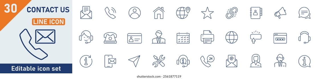 Contact Us line icon set. Set of 30 outline icons related to contact us, customer service, phone, support, email, message, info and others. Editable stroke. Vector illustration.